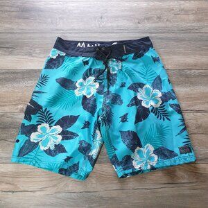 Maui Sons Men Blue Hawaiian Floral Swim Trunks Size 34 Board Shorts Pool Beach